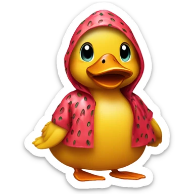 A duck wearing a strawberry raincoat sticker
