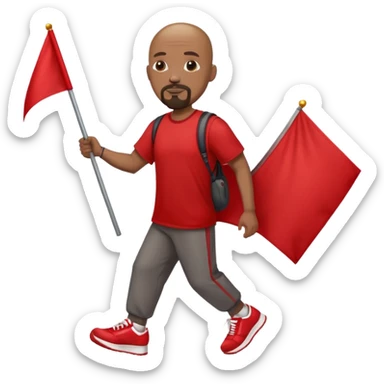 Bald black man with a white goatee in sneakers carrying a red flag sticker