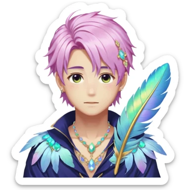Beautiful gorgeous anime man with beautiful iridescent-special-hair, fashion aesthetic, ethereal, fairycore, pastelcore, feather, flower, gems, accessories, jewelries, gold, colorful sticker