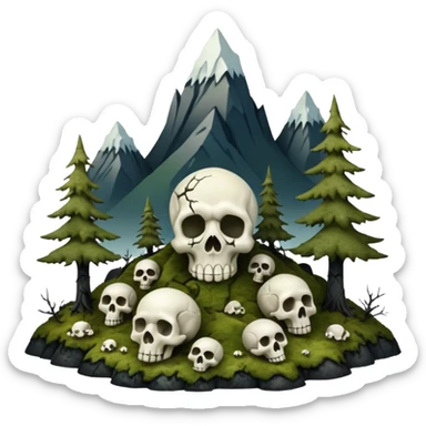 A surreal Alaskan night scape with mountains moss and moss covered trees with skulls coming out of the ground sticker
