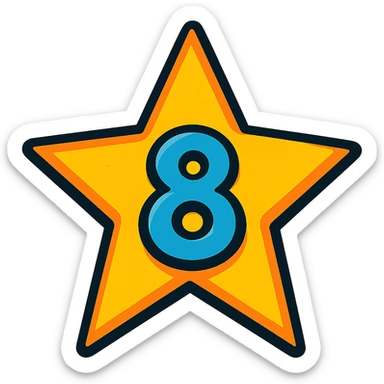 five-pointed star with the number 8 centered inside, vibrant toon style sticker