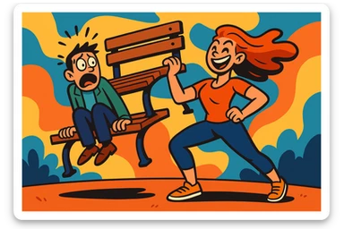 A fun and expressive scene of a woman holding a bench while a scared man sits on it, vibrant cartoon style, colorful and dynamic sticker