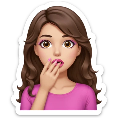 girl with long wavy brown hair, brown eyes, long lashes makeup, sexy pink lips, light to medium complexion, pink sexy top, shocked, hand covering mouth sticker