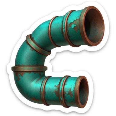 3D render of Garden Pipe, heavily oxidized copper texture, verdigris patina, Pipe joint with teal oxidation, weathered bronze aesthetic, ancient decay, emoji style, isolated on white background --v 6.0. sticker