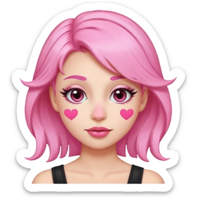 “Emoji girl, pastel pink streaks in hair, bold winged eyeliner, heavy blush on cheeks and nose bridge, under-eye hearts, glossy pink lips, playful smirk.” sticker