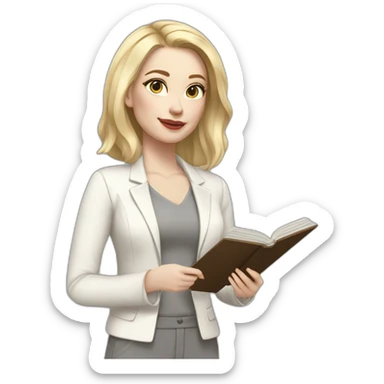 pale skin woman with blonde straight line Hair to shoulders, White classical jacket, Gray Palazzo pants holding a color palette in the hands sticker