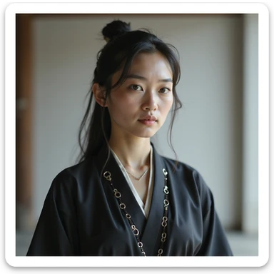realistic AI chatbot with a calm, wise samurai-inspired appearance, subtle futuristic elements, sleek attire blending traditional and contemporary, peaceful expression, poised posture, tranquil setting, aura of focus and mindfulness sticker
