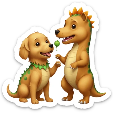 a golden retriever with a dinosaur costume thats unaliving a chihuahua thats in a dinosuar costume sticker