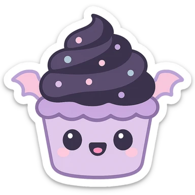 kawaii style gothic cupcake, cute face, dark purple and black icing, tiny bat wings, pastel accents, playful yet spooky sticker