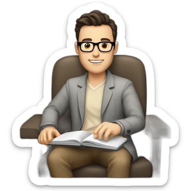 Pale skinned Fit Man With dark brown hair in gray jacket, beige office shirt and vintage glasses sitting In a soft chair with a notebook with emblem Ψ and a pen in his hands sticker