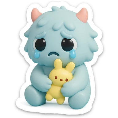 fluffy monster with oversized eyes, tears falling, comforting itself with a plush toy, gentle colors, vinyl figure style sticker