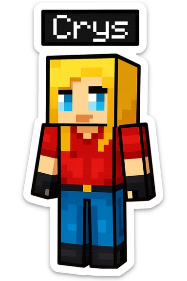 Extract the second character from the left with blonde hair and blue and red outfit labeled 'Crys' as a fully visible, separate image with a transparent background, keeping the original Minecraft cartoon style and appearance. sticker