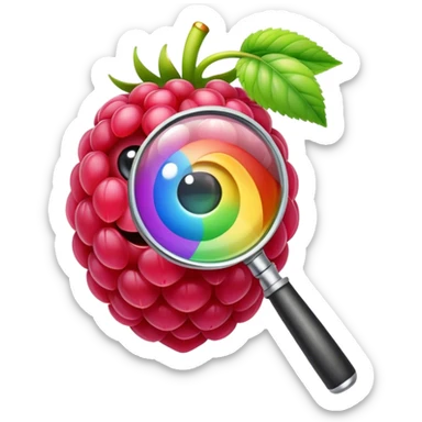 a raspberry holds a rainbow colored magnifier with its budding from handle of magnifier sticker