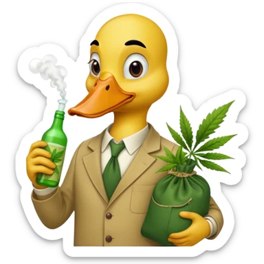 Drunk and high duck animal holding weed bottle and a bag of weed. Looking sloshed sticker