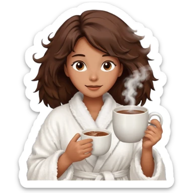 {
      "type": "human",
      "look": "fluffy robe woman, messy hair, holding cup of cocoa",
      "description": "a woman in a fluffy robe with messy hair, holding a cup of cocoa"
    } sticker
