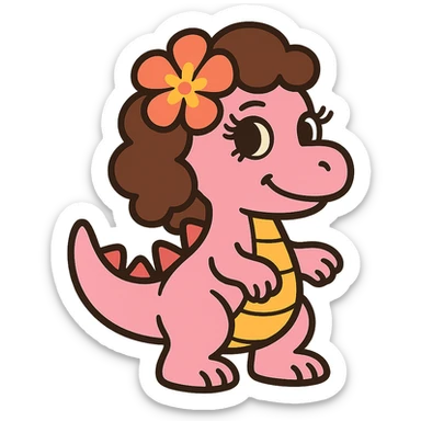 pastel pink dinosaur with brown curly hair, a Hawaiian flower in her hair, brown eyes, and long eyelashes, vibrant illustration style sticker