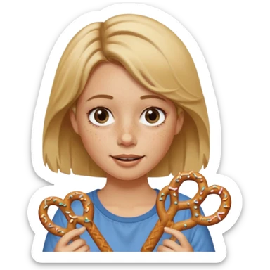 Short, center part, Dirty blond hair, fair skin with freckles,  holding pretzels and winking her eye sticker