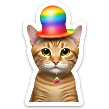 cat wearing a silly rainbow hat with a propeller licking a rainbow lollipop sticker