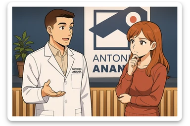 su questo stile fai un manga/webtoon a colori in cui una donna SI TOCCA IL MENTO CON L'INDICE MENTRE ASCOLTA PENSIEROSA L'UOMO, l'uomo della foto in stile manga LE SPIEGA CHE DEVE PROVARE LA SUA VALUTAZIONE MEDICA, mantieni un ambiente simile alla foto che ho allegato con il suo logo (sarebbe il suo studio, lui è un kinesiologo), scrivigli "ANTONIO ANANIA" sul camice bianco, non mettere fumetti, ma fai in modo che sembri che la donna ASCOLTI l'uomo sticker