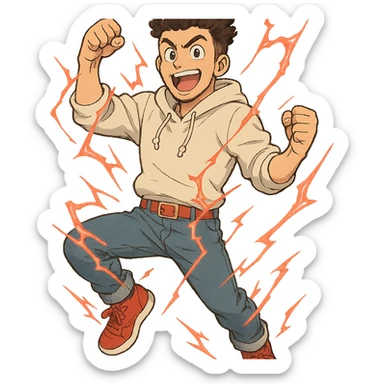 1 male, mid fade haircut dark chestnut brown curly hair, toasted lightskin, white hoodie sleeves up, fashion jeans, red fashion-sneakers shoes, red belt, short trimmed beard and goatee,  style of deku from "my hero academia" doing a "heck yeah!" exclaimation pose with red electricity sticker