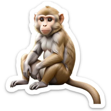 cinematic-macaque-realistic-full-body-sitting-emoji,-compact-muscular-frame-poised-on-a-rocky-outcrop,-short-curled-tail-resting-behind,-head-tilted-dramatically,-thick-dense-fur-in-warm-shades-of-brown-and-grey,-expressive-eyes-filled-with-intelligent-curiosity,-simplified-yet-realistic-focused-features,-highly-detailed,-glowing-with-an-almost-sarcastic-glow sticker