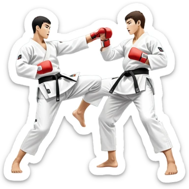 Two taekwondo fighters in traditional white doboks with black belts. One delivers a powerful kick, while the other defends by blocking with his knee. The background shows a professional arena with bright lights and an excited crowd. Transparent background highlights the intense action sticker