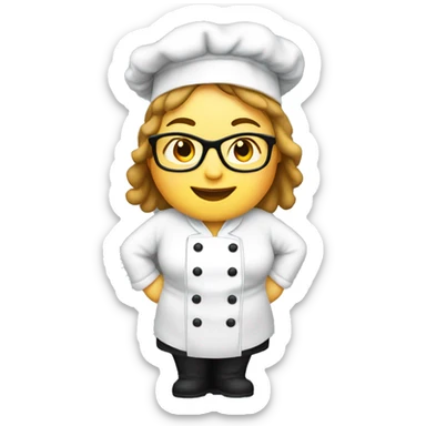 chubby happy mature female chef , with glasses , black beanie hat and apron and white jacket sticker
