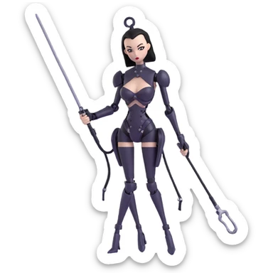 playful emoji of a slender female robot dominatrix, black metal, with a whip sticker