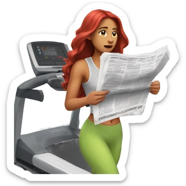 Latina with long red hair on a treadmill while she reads the paper sticker