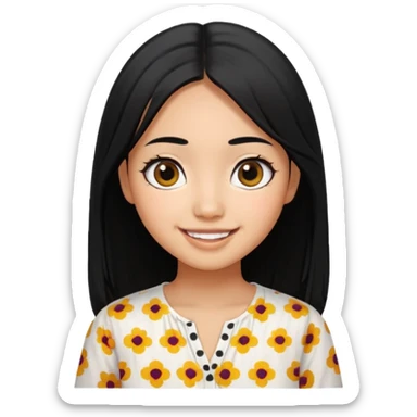 20 yr old asian woman hair white blouse with black dots center part big eyes big smile tanned skin straight black hair hippie part hair  sticker