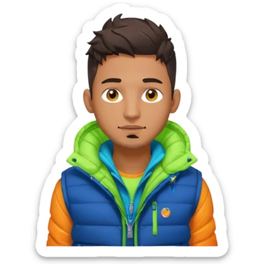 Cyberpunk street adult, hispanic, male, messy undercut, puffer vest over hoodie, glowing earpiece, light stubble, brown eyes, neon reflections, headshot sticker