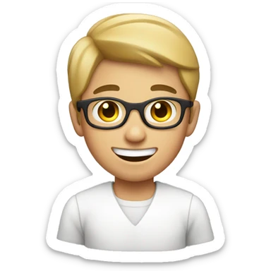 smiling boy in white shirt and unibrow  sticker