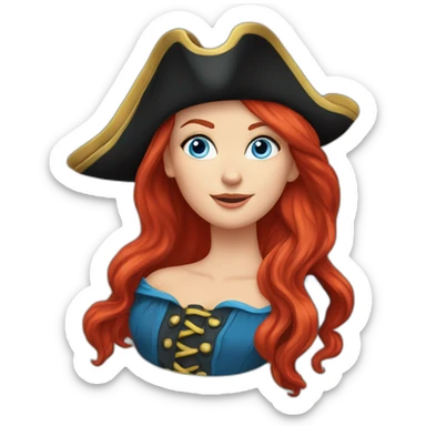 Woman long red hair in a single platt. pirate hat. One side of head has no hair. Blue eyes. skull and crossbones t shirt sticker