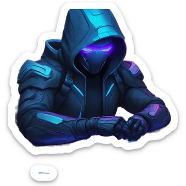 developer behind his laptop with this style : crysis Cyberpunk Riot Games Valorant neon glowing bright blue character blue black hooded assassin themed character sticker