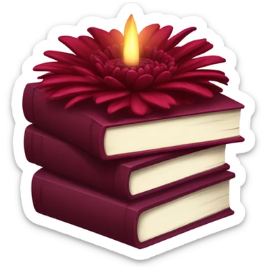 A maroon book stack adorned with ruby-red chrysanthemums and a candle sticker