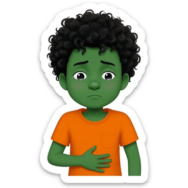 black boy curly hair orange shirt feel sick hand on stomach green face sticker
