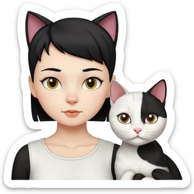  white cat and Lady with black half shaved head buzz cut hair  sticker