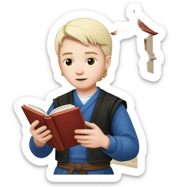 a man in clan clothes reads a book and twists a building in his hand  sticker