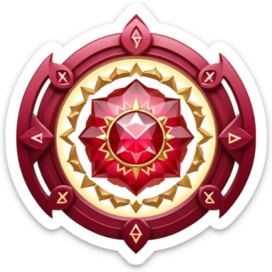 ruby pendant radiating luminous aura, celestial being forming inside, surrounded by floating runes sticker