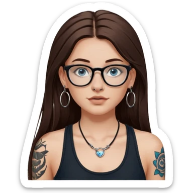 WHITE girl with long brown hair, part going more to the RIGHT side, BLUE eyes, wearing BLACK rectangle plastic frame glasses. SEPTUM nose piercing hoop (at bottom of nose) AND stud nose piercing on right side of nose. Wearing BLACK tank top. Arm tattoos. Hoop earrings sticker
