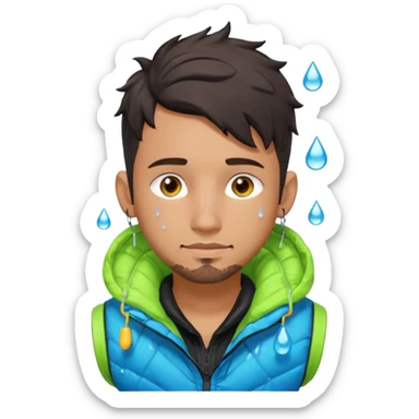 Cyberpunk street adult, hispanic, male, messy undercut, puffer vest over hoodie, glowing earpiece, light stubble, brown eyes, neon reflections, raindrops, dark background. sticker