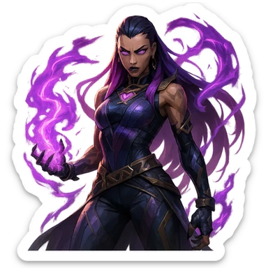 Reyna from Valorant, fierce stance, purple energy, detailed, iconic look, game character, dynamic lighting sticker