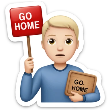 A white person holding a sign that says go home sticker