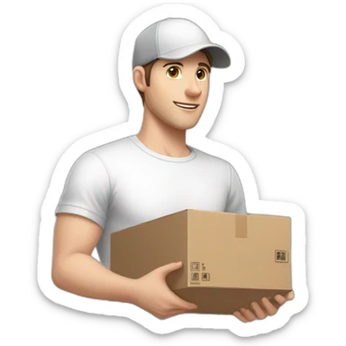 Pale skinned fit Man with dark brown hair in a white cap, gray jeans and gray polo T-shirt keeping a pasted box into his hands sticker