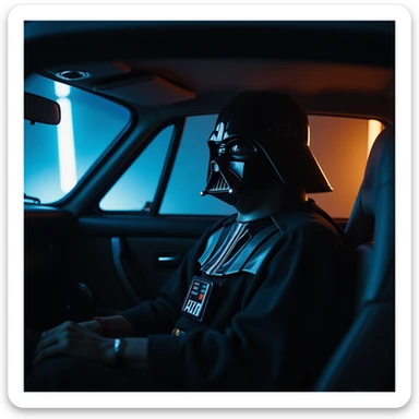 Cinematic shot of a Darth vader sitting in porsche 911, blue and orange lights, full car shot sticker