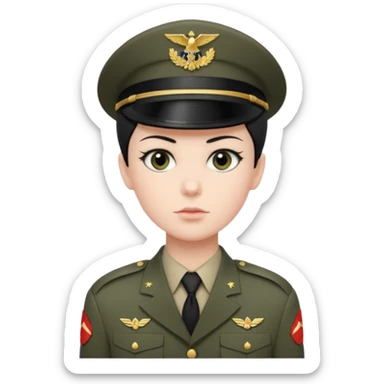 short black neat hair, sharp dark gray eyes, pale skin, serious expression, wearing military uniform, upright posture, minimal accessories, sharp and precise styleDog wizard sticker