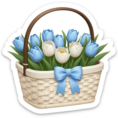 A white Picnic basket with pastel blue bow, white peonie, tulips sticker