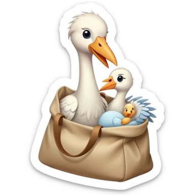 stork carrying a human baby in a bag sticker