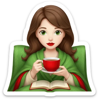 Long wavy brown haired, white skinned, green eyed girl with red lipstick wrapped in a blanket, sipping tea and reading a book sticker
