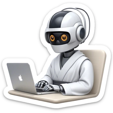 Emoji of a remote-working robot in a cozy smooth bathrobe with a laptop. The robot has a sleek helmet-like head with glowing digital eyes. Relaxed yet high-tech vibe. sticker